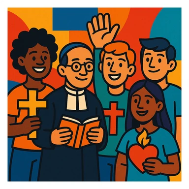 group of diverse young people with Christian symbols, one figure resembling Hno. Gabriel Taborin, colorful and hopeful, Christian vocational animation sticker