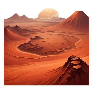 🔥 Cinematic Realistic Mars – A striking, high-resolution image of the Red Planet, featuring its iconic rust-colored terrain, deep canyons, and towering volcanoes. Swirling dust storms can be seen in the thin Martian atmosphere, with sunlight casting long shadows over its desolate, rocky landscape. sticker