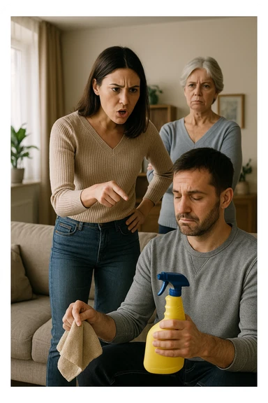 a woman stands assertively in the center of a living room, giving clear instructions to her partner. The man, with a submissive and resigned expression, follows her directions, perhaps holding household items or performing a chore. Behind them, an older woman (the mother-in-law) stands with crossed arms and a disapproving look, watching the scene unfold. The lighting is natural, and the atmosphere is tense but realistic. sticker