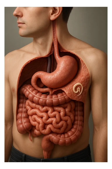 a 3D cutaway view of the human digestive tract, showing an Anisakis larva attached to the intestinal wall. in a man sticker