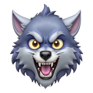 Cinematic Comical Werewolf Portrait Emoji, with a whimsically exaggerated lupine face in vivid moonlit grays and silvers, head cocked in a dramatically shocked expression with comically oversized, wide eyes and a playful snarl, simplified yet hilariously expressive, highly detailed with a soft cartoonish glowing outline capturing the mischievous humor of a werewolf mid-transformation! sticker