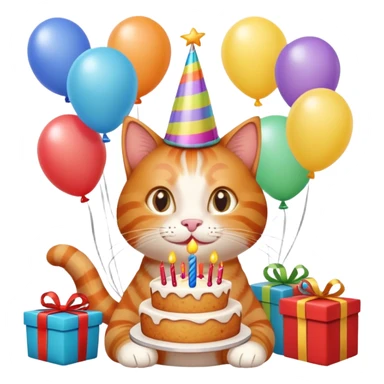 Ginger cat celebrates birthday, birthday hat, birthday cake, balloons, happy, gifts sticker