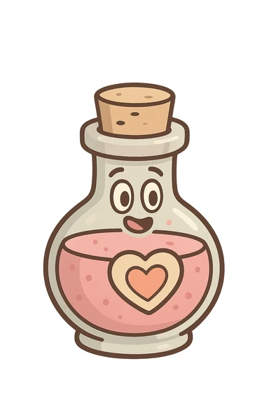 sweet potion bottle, flat icon style, cartoonish proportions, gentle color scheme, clear outline sticker