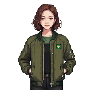 dark olive green jacket over a lighter green top sticker