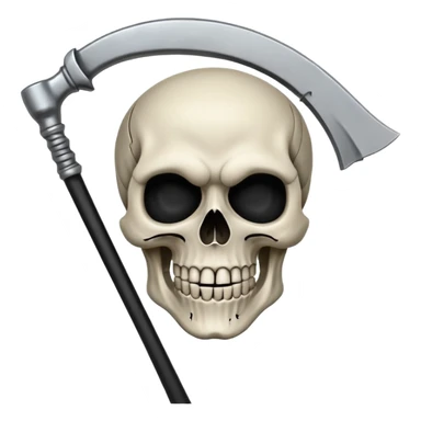 A laughing skull with a scythe crossed behind it, one eye socket winking. Clean, stylized lines, flat vector. Medieval woodcut style. Black and white with one accent color (tarnished silver). No background. sticker