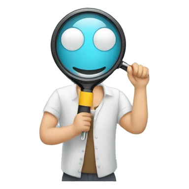 man holding one magnifying glass to read a screen monitor sticker