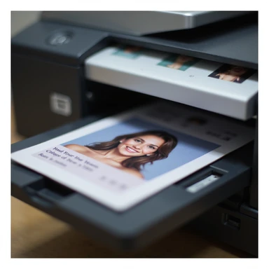 realistic thumbnail image for a passport size photo printing service, showing a modern printer with many printed passport photos, one photo in the foreground is highlighted and in sharp focus sticker