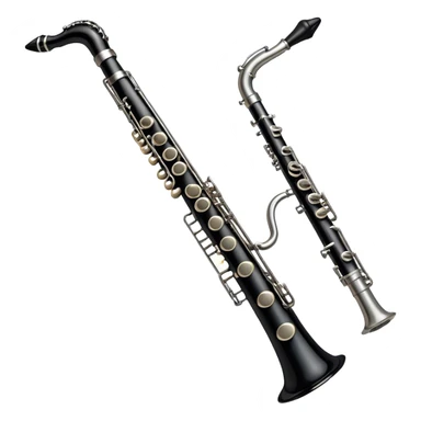 Create a sleek and professional emoji representing a black standard clarinet. The design should feature the smooth, black finish of the clarinet’s body with its shiny metal keys clearly visible. Highlight the mouthpiece with the reed at the top of the instrument. Include subtle details like the metal rings and key pads to emphasize its high-quality construction. Use black and silver tones to capture the classic and refined look of a traditional clarinet. Add soft musical notes around the instrument to evoke its melodic sound. The background should be transparent. sticker