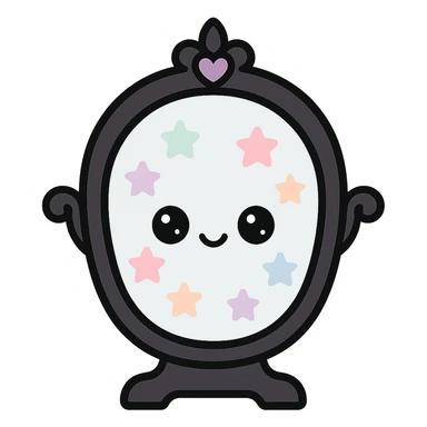 kawaii style magical gothic mirror, smiling face, black frame with purple heart details, reflecting pastel stars, fun and magical sticker