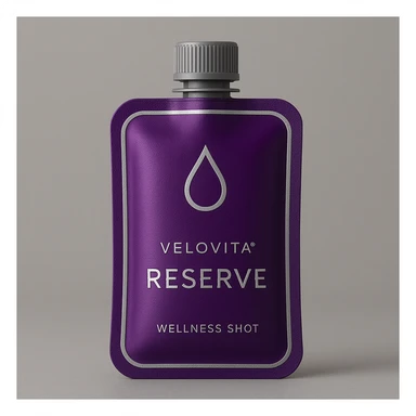 A compact, high-end purple wellness shot pouch with silver trim and a droplet icon, symbolizing VELOVITA® RESERVE antioxidant supplement, in a contemporary style. sticker