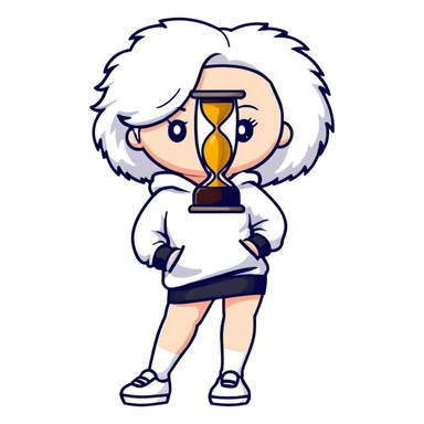 Female with slim hourglass figure, white big hair, wearing white sweatshirt, black skirt, and white shoes, full body pose sticker