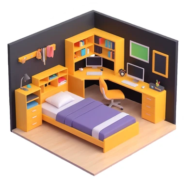 3D layout of teen bedroom with bed against wall, corner desk, and storage units sticker