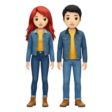 full-length couple, girl with long red hair and brown eyes in blue jeans and yellow top, boy with black hair in denim jacket sticker