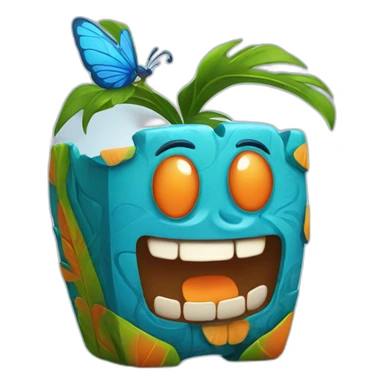 Cartoon Blue and orange smiling tiki with butterfly  sticker