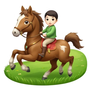 l little chinese baby riding on a  cute horse running really fast on the grass with 2026 year's label sticker