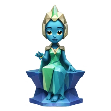Sculpture oracle priestess with a geometric faceted design with disney features. Oracle of delphi is sparkling and standing upright on a base with angular and flower features. The vibrant blues neutrals and greens highlights the sharp edges and planes.  sticker