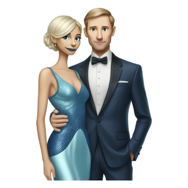 alien reptilian woman, in long slim pastel blue formal party satin dress with gradient shiny sparkling navy blue diamonds embroidered , and caucasian man in black dress sticker