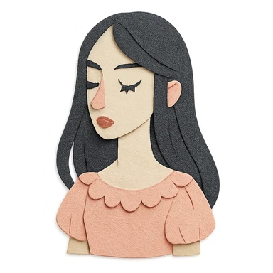paper craft style illustration of a pale girl with long dark hair, pointy tip nose, full lips, long lashes, v-shaped jaw, wearing a frilly light pink dress sticker