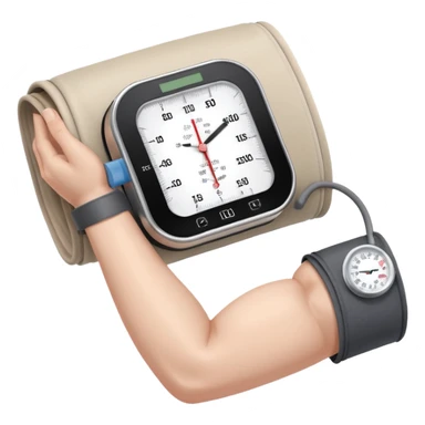 blood pressure cuff wrapped around upper arm with dial reading sticker