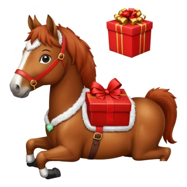 a christmas horse with a red saddle, which has a red gift box with a white bow on the saddle sticker