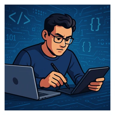 A developer multitasking with a laptop and a tablet, stylus in hand, focused expression, techy background. sticker