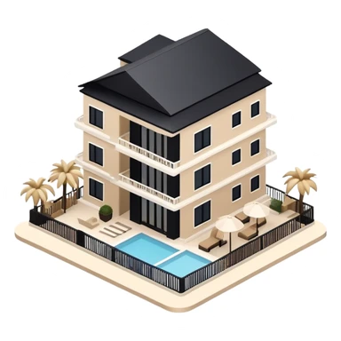 Isometric exterior little black, beige, and white resort hotel, modern dollhouse style 3D realistic  sticker