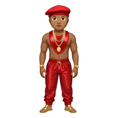 LL Cool J with red sequin baggy pants, shirtless with necklace sticker
