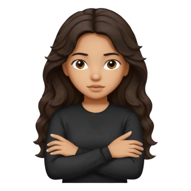Hispanic girl dark long wavy hair crossing her arms with slight pout wearing a black long sleeve shirt sticker