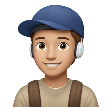 Only the head of a young guy with brown hair smiling with airpods in his ears and a cap on his head turned back. sticker