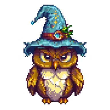 owl wearing a wizard hat pixel art sticker