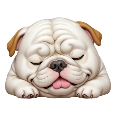 Cinematic Meme-Worthy Chubby Sleeping White English Bulldog Portrait Emoji, Head resting peacefully with a contented smile, showcasing a delightfully chubby build and a luxuriously soft pure white coat, eyes shut in a serene nap, Simplified yet hilariously adorable features, highly detailed, glowing with a soft, drowsy light, high shine, relaxed and utterly lovable, stylized with an air of playful laziness, bright and heartwarming, soft glowing outline, capturing the essence of a comically sleepy guardian, so meme-worthy it feels like it could instantly become the next viral sensation of adorable slumber! sticker