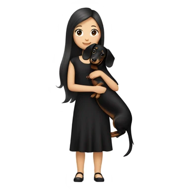 an Asian girl with long hair, wear black dress, hugging a black and tan long haired dachshund sticker