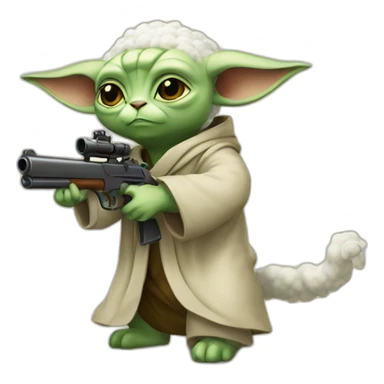 a yoda cat shooting a sheep with his gun sticker