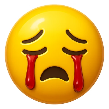 yellow crying face emoji, glossy finish, red tears, no background sticker