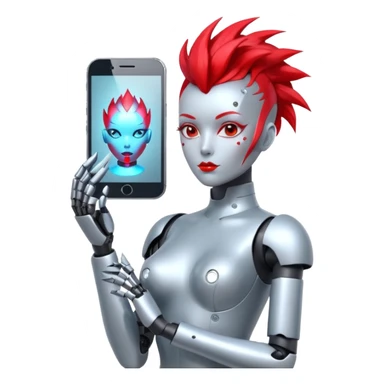 Sexy reflective glass face dronification robot girl with a red mohawk full body pinup pose  sticker
