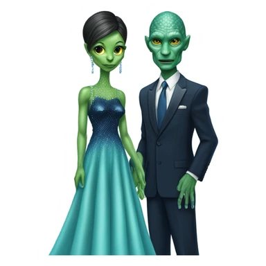 reptilian alien green skin woman, in long slim pastel blue formal party satin dress with gradient shiny sparkling navy blue diamonds embroidered , and caucasian man in black dres sticker
