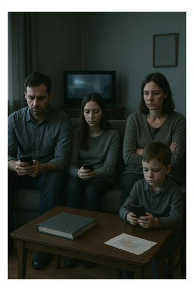 Famiglia composta da padre, madre e uno o due figli seduti nello stesso ambiente domestico (salotto o tavola da pranzo), ma ciascuno è assorto nei propri pensieri, con espressioni spente e distaccate. Nessuno si guarda o sorride. I colori dell’ambiente sono freddi e grigi, la luce è debole. Intorno a loro, simboli di disconnessione: telefoni in mano, TV accesa ma ignorata, silenzio. L’atmosfera è visivamente carente di calore emotivo. Nessun contatto fisico, postura rigida. Un dettaglio visivo come un album di foto chiuso sul tavolo o un disegno dei figli dimenticato sul pavimento accentua la mancanza di dolcezza e unione sticker