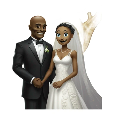 Alien reprilian woman in wedding dress and one humman man in a tuxedo holding hands getting married sticker