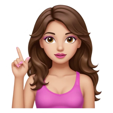 girl with long wavy brown hair, brown eyes, light to medium complexion, in a pink sexy top, pink lips, long lashes, silent motion with the hand one finger up sticker