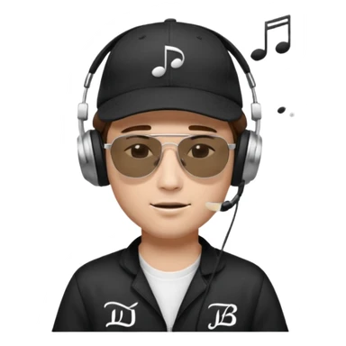 dj man white with baseball cap - rayban Sun Glasses 80s - brown hair - closed eyes with headphones on with musical note over head (listening to music ) - eyes closed no glasses - black hat  musical notes floating around head - DJ DLG written on hat sticker