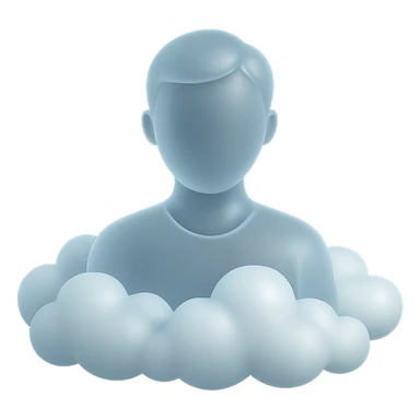 person looking straight ahead, shoulders immersed in fluffy, voluminous white clouds, soft and 3D clouds, matte glass style sticker