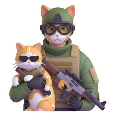 Man in tactical airsoft gear wearing protective goggles on face, holding a gun in one hand and a white and brown cat in the other hand sticker