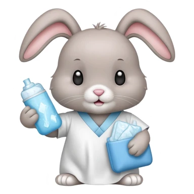 Rabbit wearing hospital gown and holding ice pack sticker