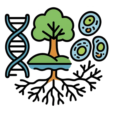 A realistic biological illustration (like in a school book) showing: DNA strands transitioning into a tree, cells with visible organelles, neurons connected to plant roots  and a balanced ecosystem background . Seamless integration, no labels or borders, complete white background (not off white!), detailed but minimalist.  sticker