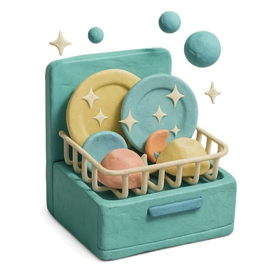 claymation style dishwasher with bubbles and sparkling plates, playful arrangement, pastel palette sticker