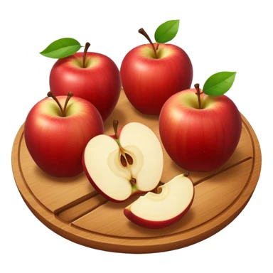 A round wooden board on which there are three whole apples and one apple, cut into two halves and several slices, with a soft glow sticker