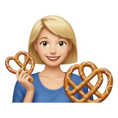 Short, Straight, Dirty blond hair, fair skin, woman holding pretzels and winking sticker