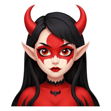 demon girl, skin red , black long hair, small horns, bat wing, black open-back dress, bold black outlines, red+black palette sticker
