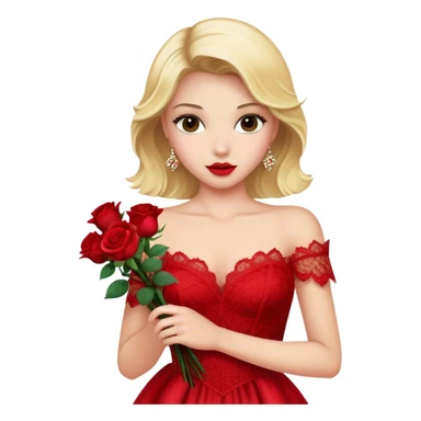 Blonde model with roses and red silk and lace gown sticker