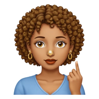 faça uma mulher com o cabelo curtinho cacheado com piercing no nariz e brincos e o dedo indicador no canto da boca morena sticker